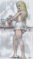 drawing giantess blonde long_hair barefoot unaware indoors nikko flowers