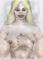 breasts drawing nipples nude small_man blonde color handheld grin giantesses pencil_drawing nikko looking_at_tiny
