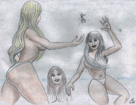 blonde brunette smiling shrunken_man teasing giantesses pencil_drawing white_panties nikko thrown_man looking_at_tiny