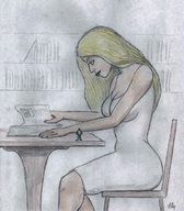 drawing blonde long_hair sitting shrunken_man nikko reading on_desk
