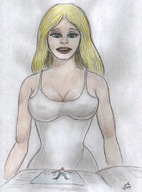 drawing blonde long_hair cleavage nipping shrunken_man nikko no_background