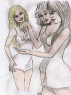giantess blonde black_hair long_hair handheld cleavage brunette giantesses nikko dropped no_background