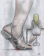 drawing giantess crush blonde long_hair blood gore unaware nikko no_background