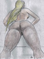 drawing giantess insertion blonde long_hair topless nikko trapped_in_pantyhose_crotch no_background
