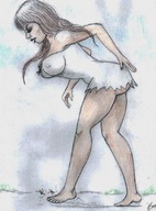 drawing giantess long_hair barefoot nipping brunette nikko kicked