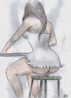 butt_crush brunette sitting unaware shrunken_man chair pencil_drawing nikko white_dress no_panties