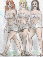 blonde barefoot brunette smiling red_hair foot_crush giantesses pencil_drawing nikko crowds white_skirt white_bra between_breasts