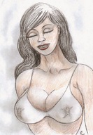 breastheld cleavage brunette smiling captured pencil_drawing nikko white_bra