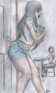 drawing black_hair long_hair butt_crush blood explosion unaware nikko