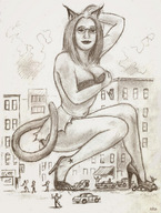 drawing giantess city monochrome destruction high_heels glasses cat_girl outdoors nikko vehicle_crush