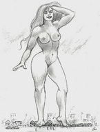 drawing giantess nude city monochrome long_hair rampage foot_crush nikko no_background