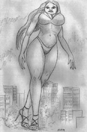 drawing giantess mega monochrome long_hair swimsuit high_heels nikko