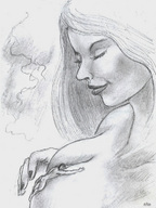 drawing giantess long_hair topless nikko no_background hugging_breast nipple_hump