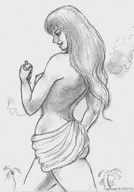 drawing giantess monochrome long_hair topless smiling nikko