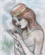 giantess color handheld knight red_hair kissing pencil_drawing nikko nail_polish tiara on_palm