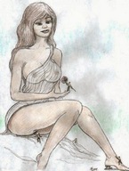 drawing giantess nude long_hair brunette flower under_foot nikko see_through_lingerie no_background