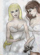 drawing giantess blonde long_hair handheld cleavage nipping giantesses vehicles nikko no_background