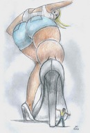 drawing giantess blonde long_hair high_heels shorts nikko no_background