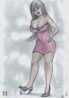drawing giantess black_hair long_hair cleavage teasing nikko necklace