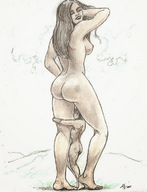 drawing nude long_hair brunette mini_giantess hugging nikko no_background