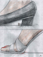 drawing giantess crush toes high_heels blood nikko no_background violence