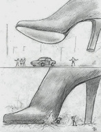 drawing giantess monochrome high_heels nikko vehicle_crush no_background violence