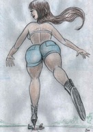 drawing crush long_hair blood brunette shorts shrunken_man cruel nikko bikini_top no_background roller_blades