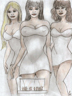 blonde color multiple_giantesses brunette shrunken_men cage pencil_drawing nikko white_dress looking_at_victims