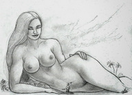 drawing giantess nude monochrome long_hair lying_down nikko
