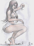 breasts nipples handheld toes blood brunette squatting foot_crush belly pencil_drawing nikko ankles crowds looking_at_tiny loincloth