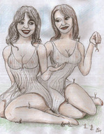 drawing color long_hair multiple_giantesses nipping brunette giantesses twins nikko no_background toying