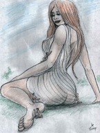 drawing giantess long_hair climbing red_hair worship nikko see_through