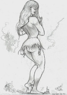 drawing giantess monochrome long_hair topless worship nikko hanging_on no_background