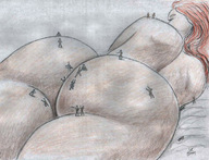drawing giantess long_hair climbing red_hair lying_down falling nikko no_background