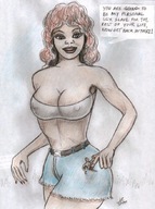 drawing color large_breasts red_hair shorts shrunken_man nikko no_background tubetop