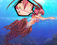 drawing gentle giantess nude color claws water ocean topless pink_hair pink_eyes fishing on_shoulder cordula lobster_girl autumnology