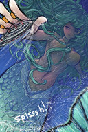 breasts drawing nipples giantess color handheld water topless mermaid underwater green_hair cruise_ship reaching boats winking autumnology