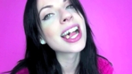 black_hair long_hair animation shrunken_man teasing open_mouth imminent_vore no_background chewing