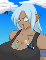 drawing giantess color large_breasts cleavage blue_hair yellow_eyes looking_down tan pointed_ears projecthazoid on_breasts magic_circle