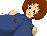 drawing blushing color large_breasts brunette purple_eyes shrunken_people looking_down projecthazoid on_breasts sweat_drop