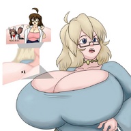drawing blonde color cleavage glasses huge_breasts brunette unaware shrunken_woman fox_girl zoom detail projecthazoid