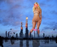 breasts collage panties city mega blonde skyscraper clouds sky looking_at_viewer glowing_eyes
