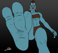 giantess barefoot underwear red_hair blue_skin point_of_view braid troll no_background impending_doom tusks