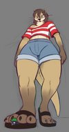 drawing toes green_hair shorts looking_down under_foot no_background
