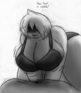 drawing small_man monochrome cleavage huge_breasts fang sweat sketch looking_down voluptuous lilith thaddeusmcboosh