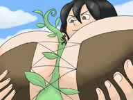 drawing giantess black_hair climbing huge_breasts looking_down beanstalk projecthazoid upset