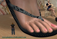 blonde large_breasts sitting shrunken_man pink_nails indoors flip_flops digital_render