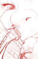 drawing giantess city monochrome face looming licking_lips audiophilekitsune