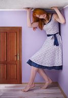 collage barefoot red_hair dress mini_giantess room indoors pedicure looking_at_viewer door