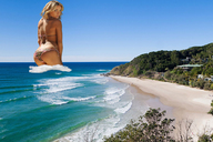 collage blonde swimsuit beach ocean sand back sky mega_giantess looking_at_viewer hillside
